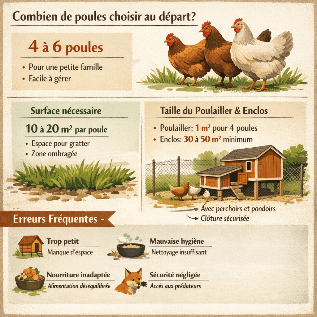 combien de poules choisir au départ, la surface nécessaire, la taille du poulailler et de l’enclos, et les erreurs fréquentes