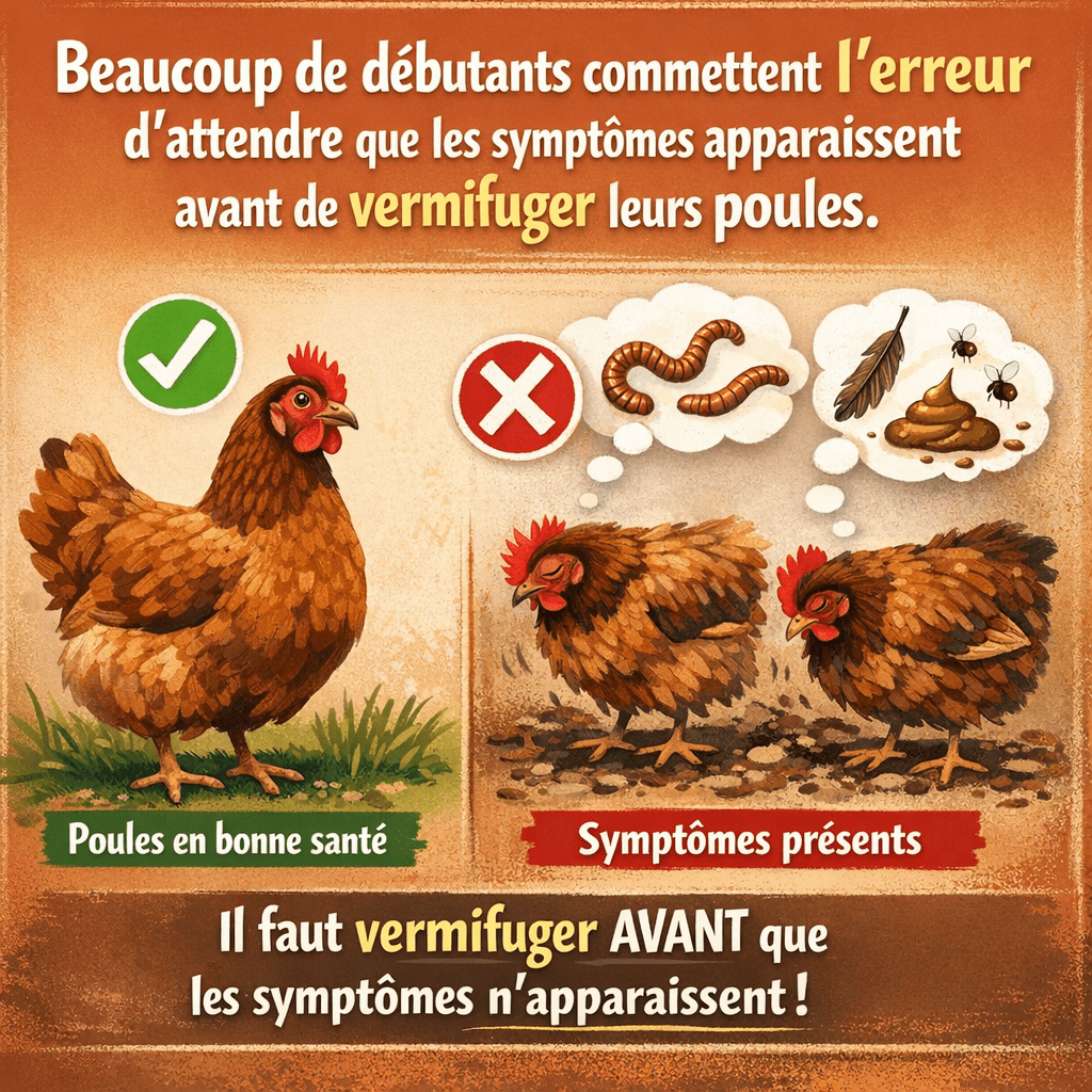 Beaucoup de débutants commettent l’erreur d’attendre que les symptômes apparaissent avant de vermifuger leurs poules.