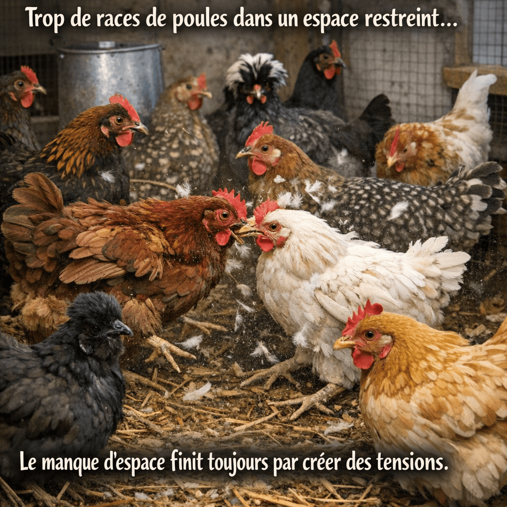 Beaucoup de débutants commettent l’erreur de vouloir trop mélanger des races de poules dans un espace restreint. Même si elles semblent paisibles au début, le manque d’espace finit toujours par créer des tensions.