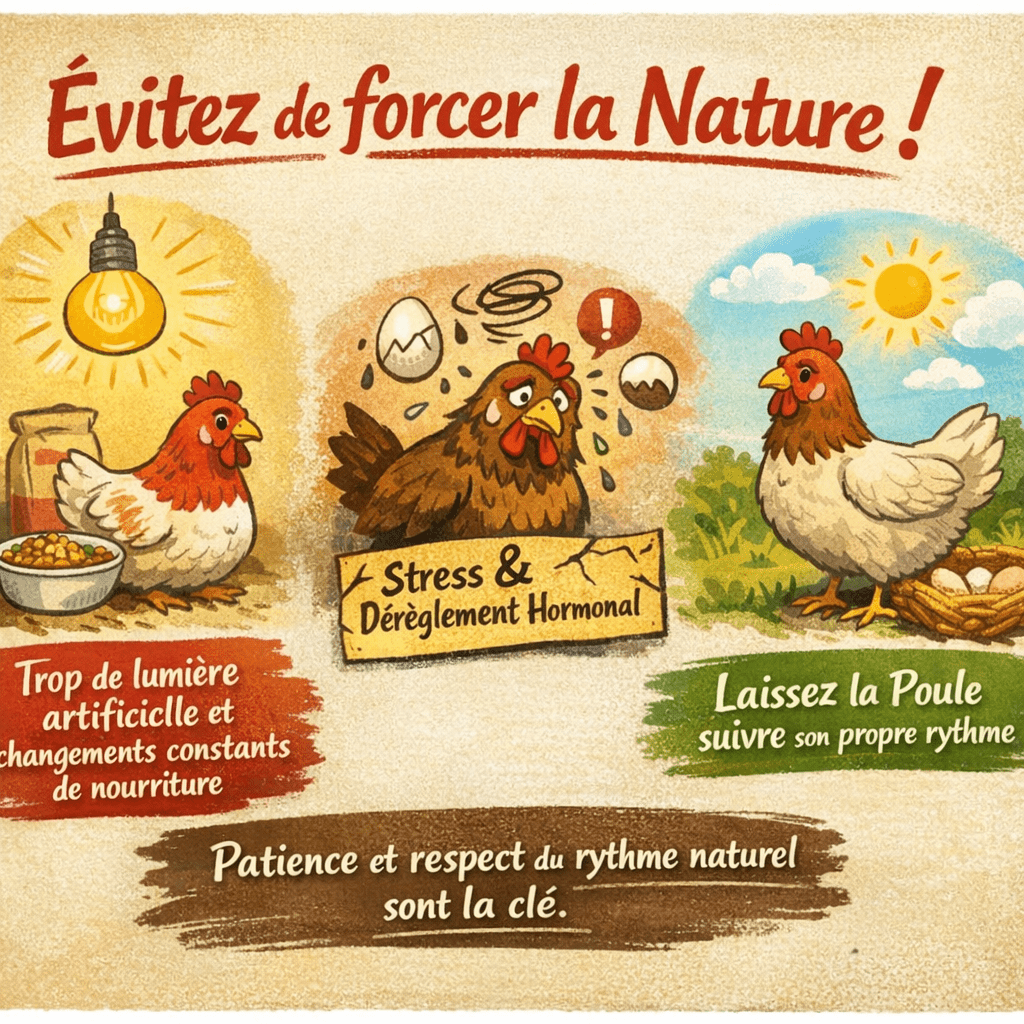 Beaucoup de débutants commettent l’erreur de forcer la nature. Ajouter trop de lumière artificielle ou changer constamment la nourriture dans l’espoir d’accélérer l’âge première ponte poule conduit souvent à l’effet inverse : stress et dérèglement hormonal. Il faut accepter que le corps de la poule suive son propre rythme.