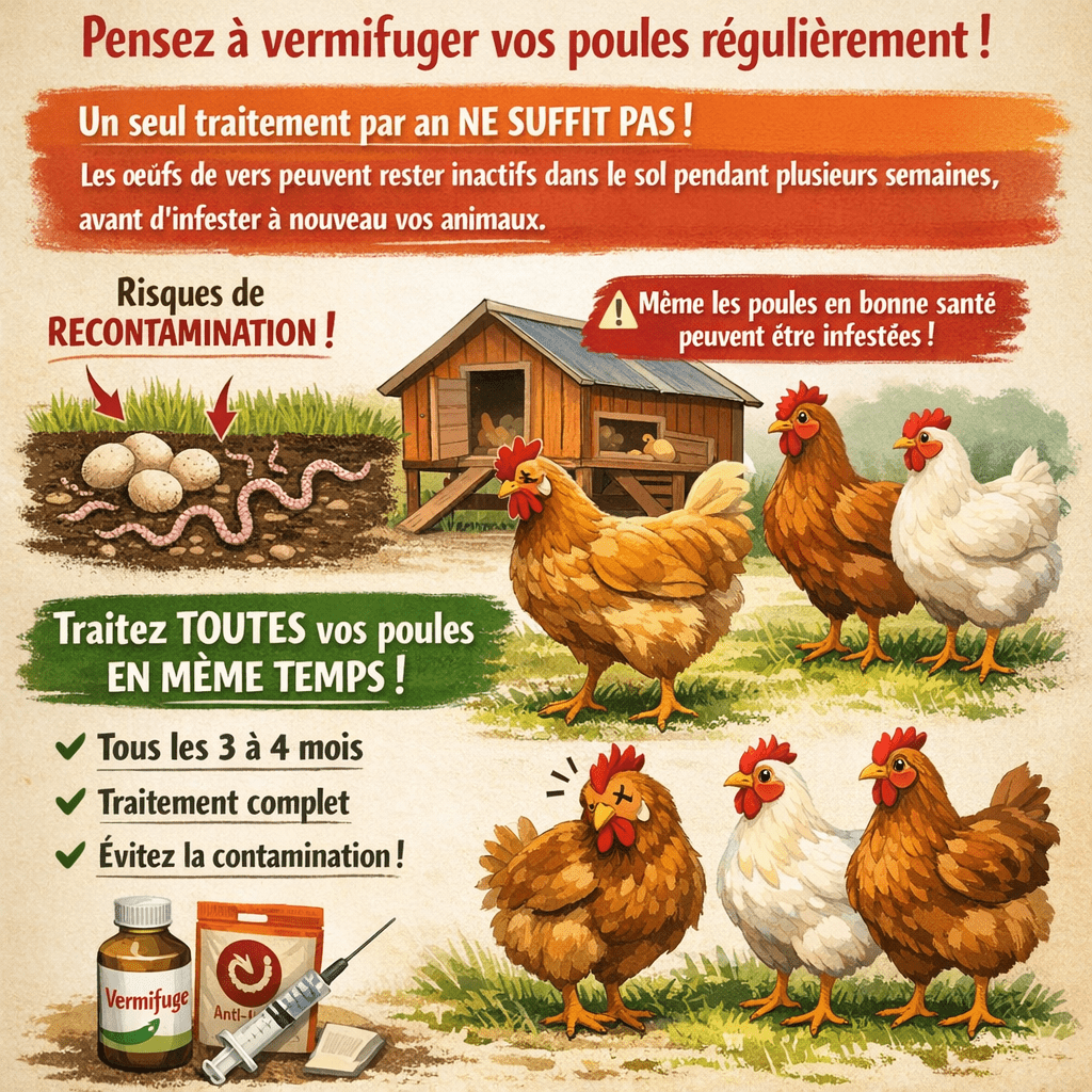 Beaucoup d’éleveurs débutants pensent que vermifuger ses poules une seule fois suffit pour l’année, or c’est une idée fausse. Les œufs de vers peuvent rester inactifs dans le sol pendant plusieurs semaines, avant d’infester à nouveau les animaux. Ne pas respecter un calendrier régulier, c’est risquer une contamination permanente du poulailler. L’idéal est donc de traiter toutes vos poules en même temps, qu’elles semblent malades ou non.
