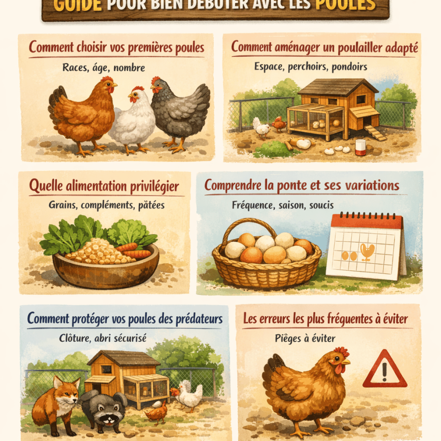 Comment choisir vos premières poules Comment aménager un poulailler adapté Quelle alimentation privilégier Comment comprendre la ponte et ses variations Comment protéger vos poules des prédateurs Les erreurs les plus fréquentes à éviter