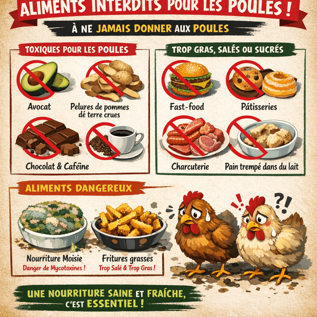 Certaines nourritures sont pourtant nocives, même si elles paraissent inoffensives. Parmi les aliments interdits poules, on trouve l’avocat (toxique pour leur foie), les pelures de pommes de terre crues (à cause de la solanine), le chocolat et la caféine. Ces produits peuvent provoquer des troubles digestifs graves, voire la mort des volailles en cas d’ingestion répétée. Les restes trop salés, sucrés ou gras sont également à bannir : fritures, pâtisseries, pain trempé dans du lait, charcuterie ou restes de fast-food. Le système digestif des poules n’est pas conçu pour gérer ce type de nourriture industrielle. Une règle clé : tout ce qui est mauvais pour vous l’est encore plus pour elles ! Méfiez-vous aussi des aliments moisis ou fermentés : même si la poule mange un peu tout, la moisissure contient des mycotoxines dangereuses. Si vous souhaitez leur donner un repas équilibré, servez toujours une nourriture fraîche, propre et adaptée. Connaitre que manger poules c’est aussi savoir ce qu’elles ne doivent jamais avaler.