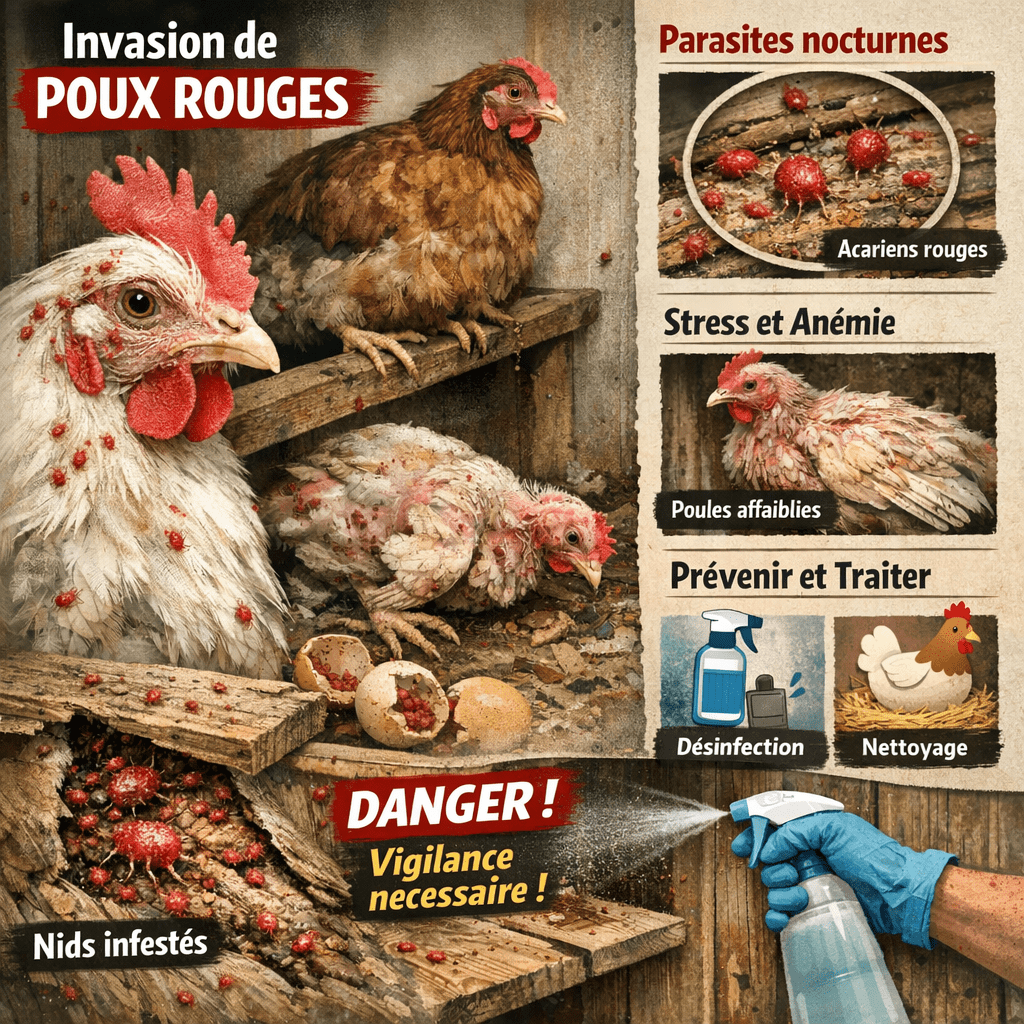 Les poux rouges poules sont l’un des parasites les plus redoutés par les éleveurs, qu’ils soient amateurs ou expérimentés. Petits, discrets et redoutablement résistants, ils peuvent rapidement transformer un poulailler paisible en un lieu de stress et de souffrance pour vos poules. Reconnaître leur présence, savoir comment les éliminer efficacement et surtout les prévenir durablement est essentiel pour garantir le bien-être et la santé de votre basse-cour.