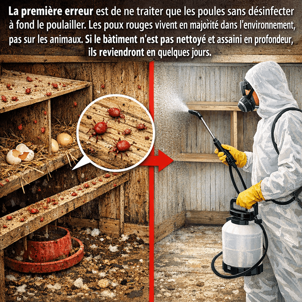 La première erreur est de ne traiter que les poules sans désinfecter à fond le poulailler. Les poux rouges poules vivent en majorité dans l’environnement, pas sur les animaux. Si le bâtiment n’est pas nettoyé et assaini en profondeur, ils reviendront en quelques jours.