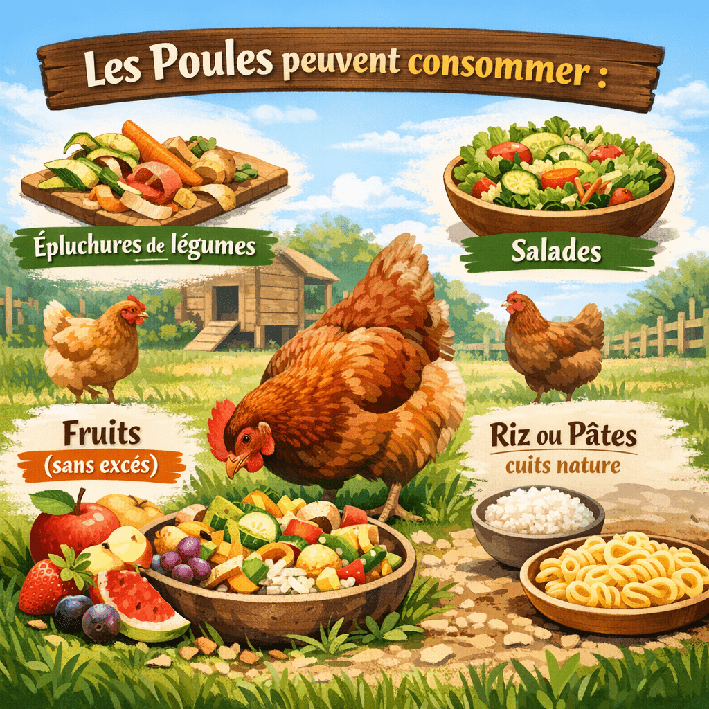 Les poules peuvent consommer : Épluchures de légumes Salades Fruits (sans excès) Riz ou pâtes cuits nature