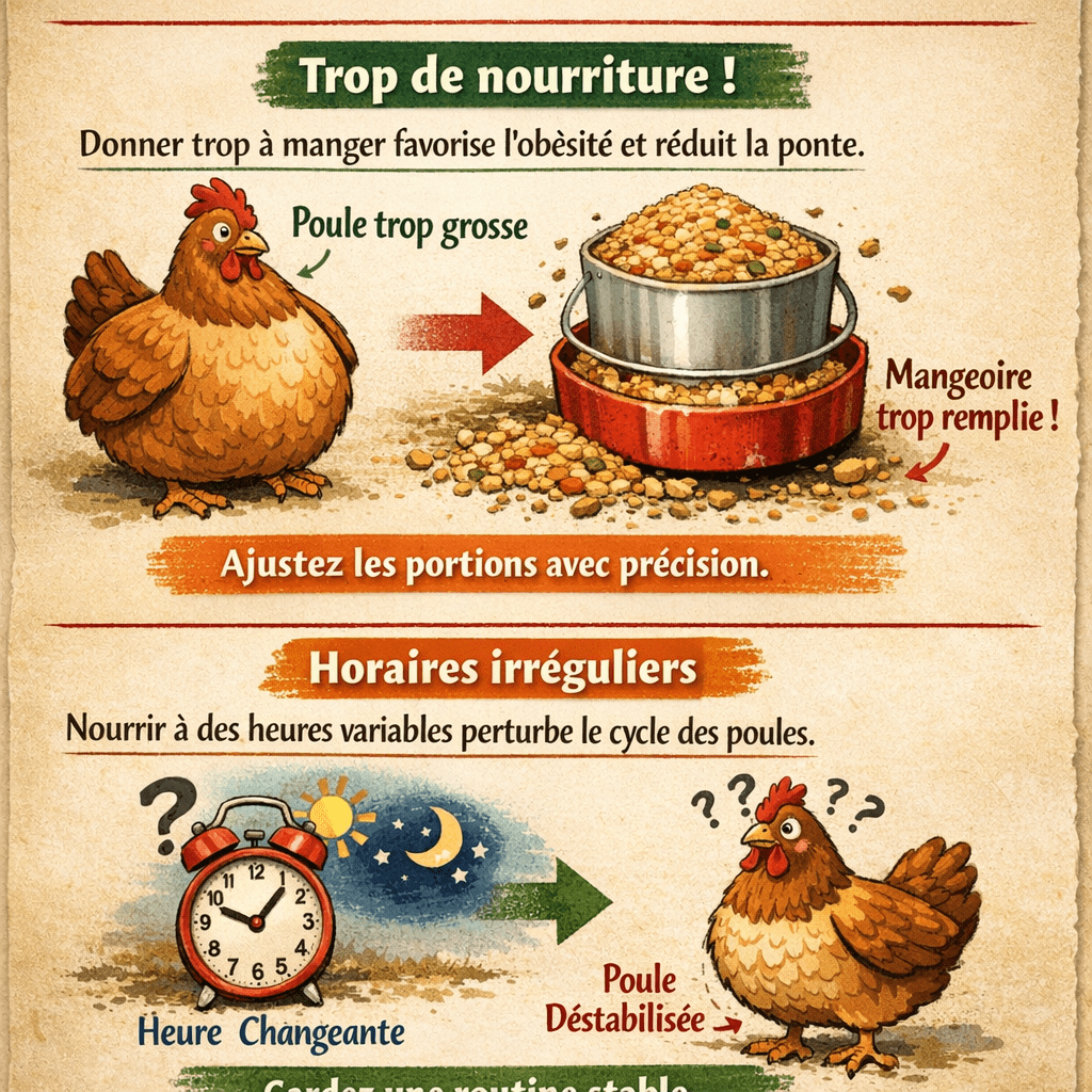 La première erreur des débutants consiste à donner trop à manger. Ce réflexe vient souvent d’un excès de bienveillance : on croit qu’en remplissant la mangeoire, on fait plaisir à ses poules. En réalité, une suralimentation favorise la graisse abdominale et diminue le taux de ponte. Il vaut mieux ajuster les portions avec précision. Autre faute classique : ne pas respecter de régularité. Changer sans arrêt les horaires, ou oublier de nourrir un jour, perturbe la digestion et le comportement des volailles. Les poules sont des animaux routiniers : un cadre stable rassure et stimule leur cycle naturel.