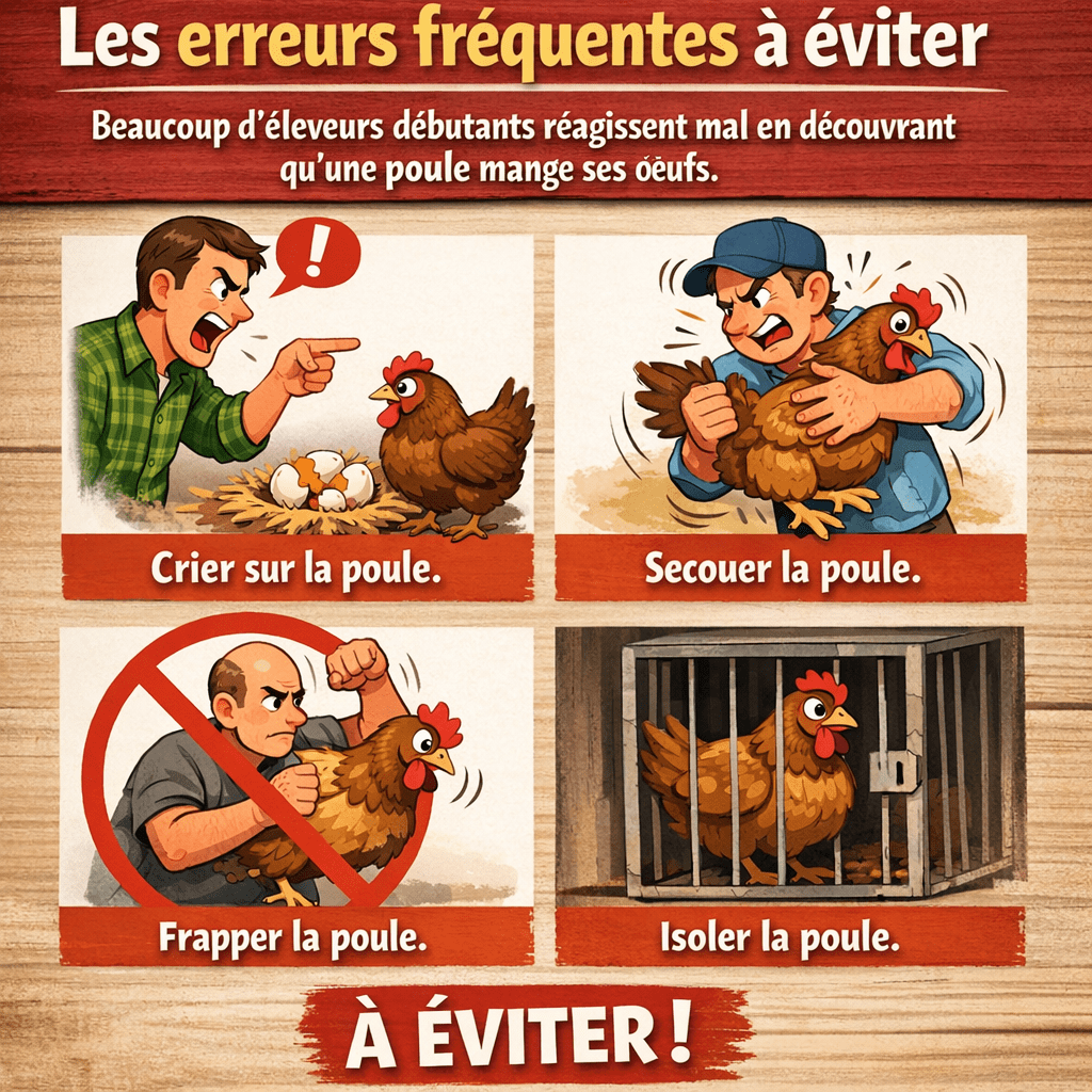 Les erreurs fréquentes à éviter Beaucoup d’éleveurs débutants réagissent mal en découvrant qu’une poule mange ses œufs.