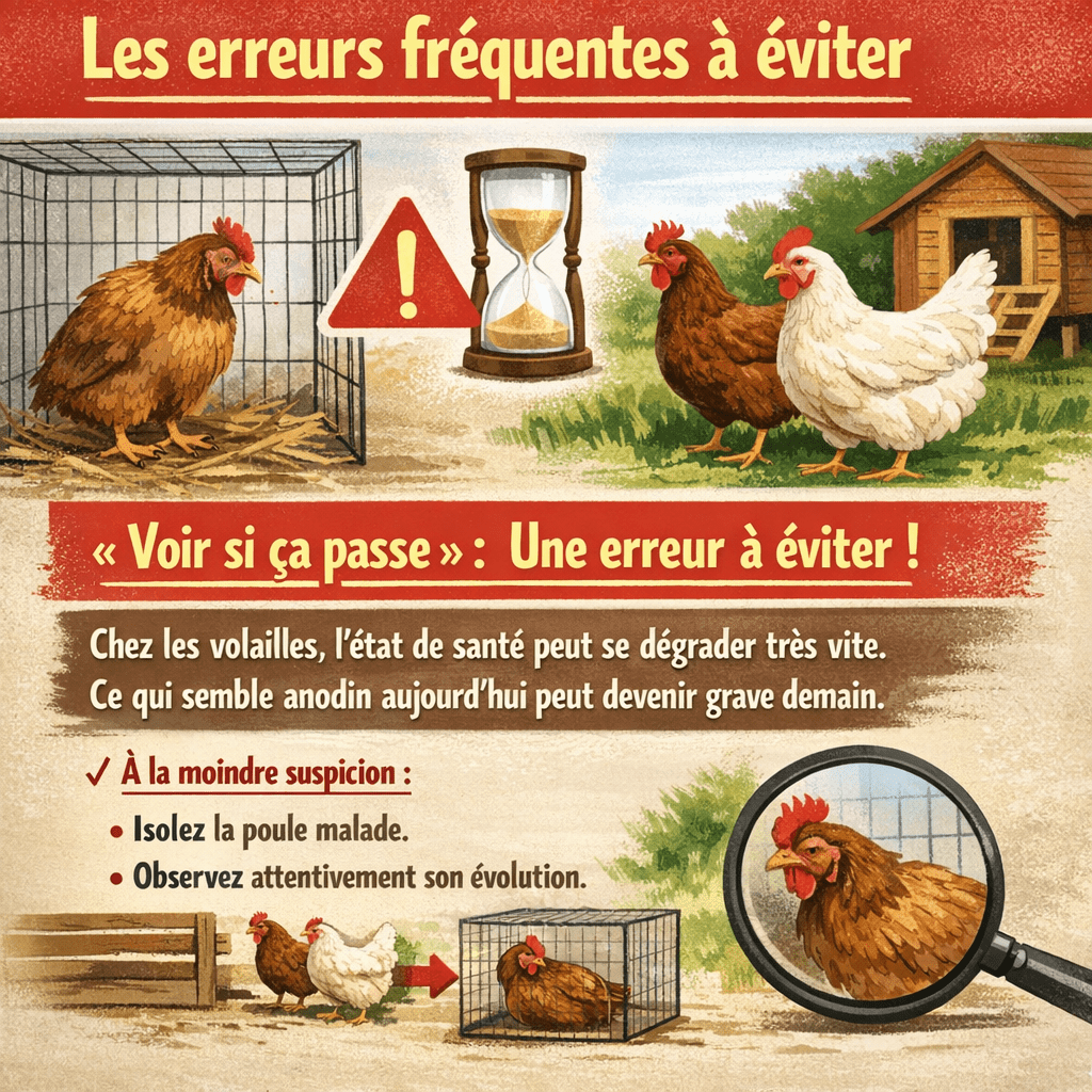Les erreurs fréquentes à éviter L’erreur la plus commune consiste à attendre “voir si ça passe”. Chez les volailles, l’état de santé peut se dégrader très vite : ce qui semble anodin aujourd’hui peut devenir grave demain. À la moindre suspicion de poule malade symptôme, il faut isoler l’animal et observer attentivement son évolution.