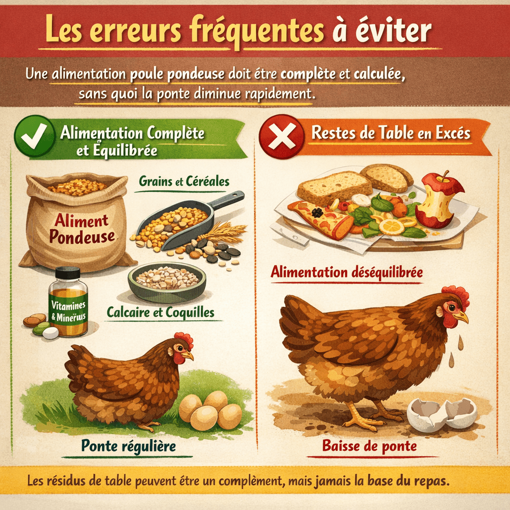 Les erreurs fréquentes à éviter Une alimentation poule pondeuse doit être complète et calculée, sans quoi la ponte diminue rapidement. Les résidus de table peuvent être un complément, mais jamais la base du repas.
