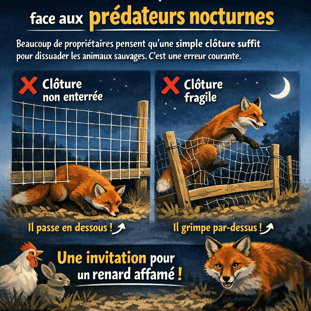 Les erreurs à éviter face aux prédateurs nocturnes Beaucoup de propriétaires pensent qu’une simple clôture suffit pour dissuader les animaux sauvages. C’est une erreur courante. Une clôture non enterrée ou fragile est une invitation pour un renard affamé.