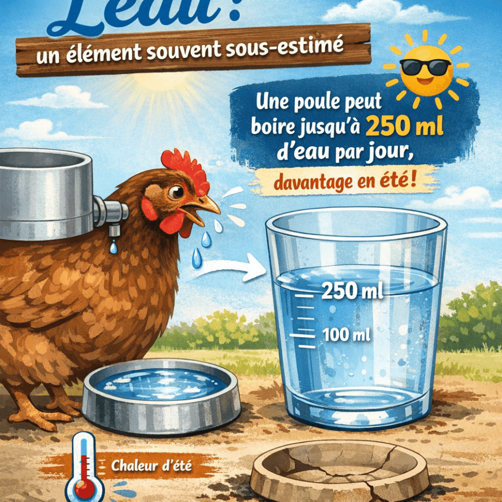 L’eau : un élément souvent sous-estimé Une poule peut boire jusqu’à 250 ml d’eau par jour, davantage en été.
