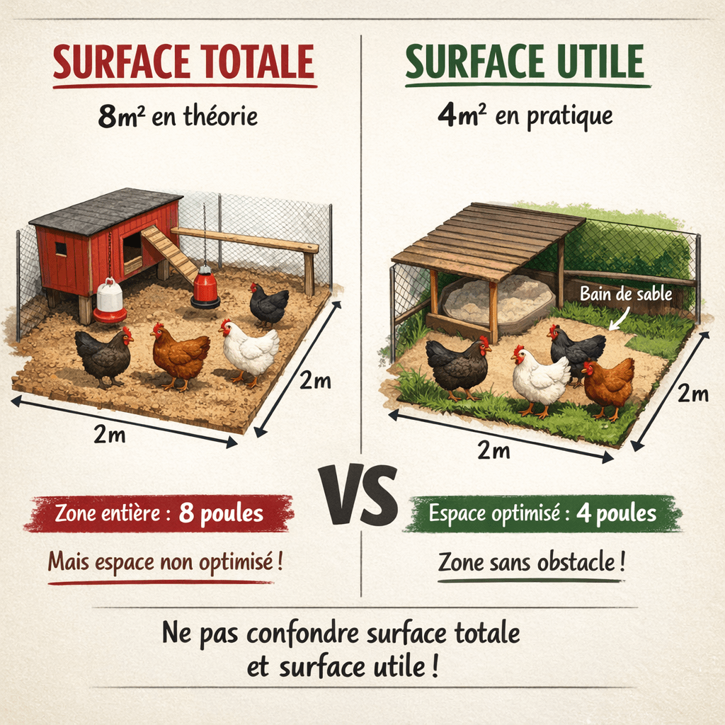 L’erreur la plus courante consiste à sous-estimer la place qu’occupent réellement vos volailles. Beaucoup de débutants se demandent combien de poules par m² sans mesurer la différence entre surface utile et surface totale.