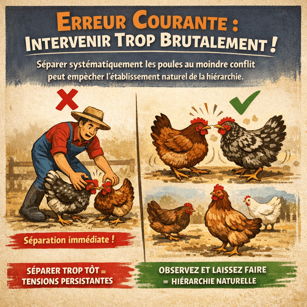 L’une des erreurs les plus courantes consiste à intervenir trop brutalement. Séparer systématiquement les poules au moindre conflit peut empêcher l’établissement naturel de la hiérarchie et prolonger les tensions.