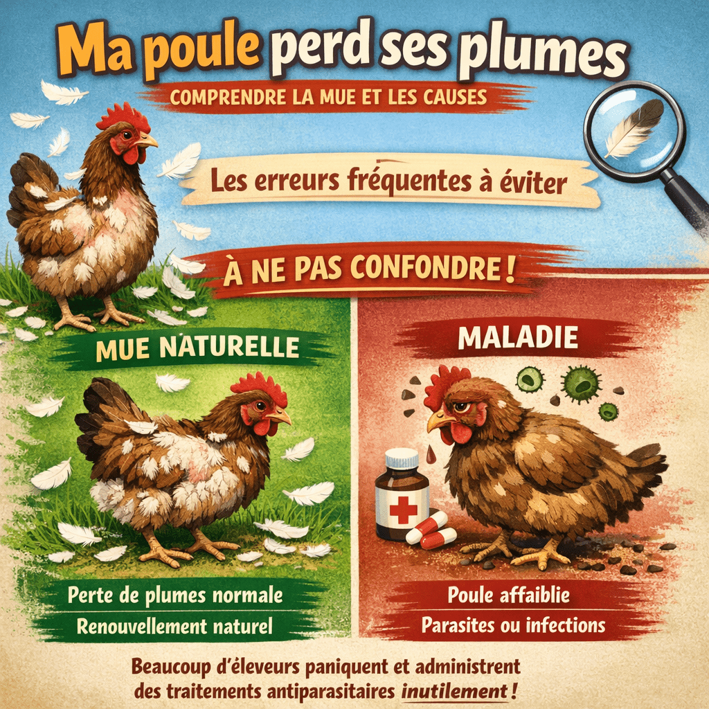Ma poule perd ses plumes comprendre la mue et les causes. Les erreurs fréquentes à éviter La première erreur courante est de confondre mue et maladie. Beaucoup d’éleveurs, voyant leur poule perdre ses plumes, paniquent et administrent des traitements antiparasitaires inutilement.