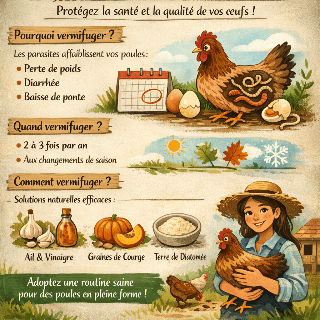 Vermifuger ses poules est une étape incontournable pour garantir leur santé, leur bien-être et la qualité de leurs œufs. Beaucoup d’éleveurs débutants ignorent à quel point les parasites internes peuvent fragiliser leurs volailles. Cet article vous expliquera pourquoi, quand et comment vermifuger vos poules facilement, sans stress, tout en adoptant une routine naturelle et efficace dans votre poulailler.