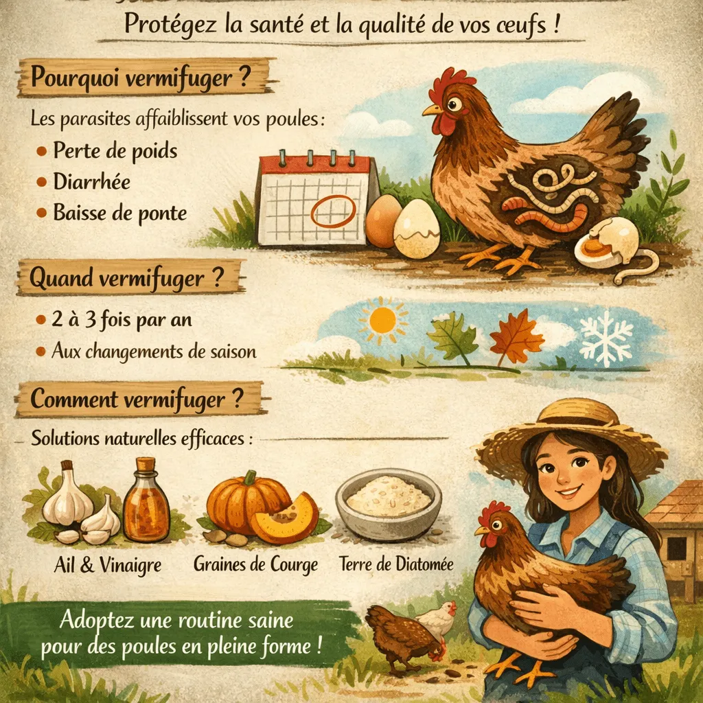 Vermifuger ses poules est une étape incontournable pour garantir leur santé, leur bien-être et la qualité de leurs œufs. Beaucoup d’éleveurs débutants ignorent à quel point les parasites internes peuvent fragiliser leurs volailles. Cet article vous expliquera pourquoi, quand et comment vermifuger vos poules facilement, sans stress, tout en adoptant une routine naturelle et efficace dans votre poulailler.