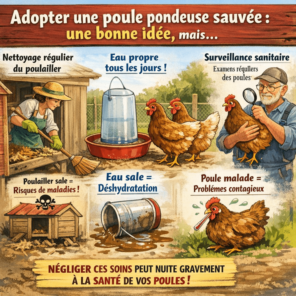 Adopter une poule pondeuse sauvée une bonne idée Beaucoup de débutants commettent l’erreur de croire qu’une poule s’entretient toute seule. Or, adopter une poule pondeuse sauvée implique un minimum de soins réguliers. Négliger la propreté du poulailler, oublier de leur fournir de l’eau propre ou négliger la surveillance sanitaire sont des erreurs classiques qui peuvent nuire gravement à leur santé.