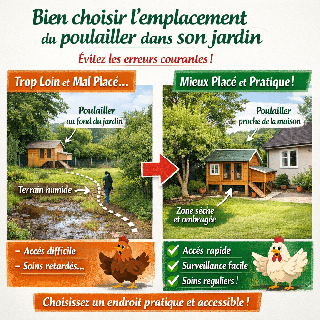 Bien choisir l’emplacement du poulailler dans son jardin L’une des erreurs les plus courantes est de choisir un emplacement de poulailler uniquement pour des raisons esthétiques. Beaucoup installent leur abri au fond du jardin pour “cacher” les poules, sans penser au terrain humide ou à la distance à parcourir chaque jour. Or, plus le poulailler est éloigné, plus on a tendance à repousser les visites quotidiennes !