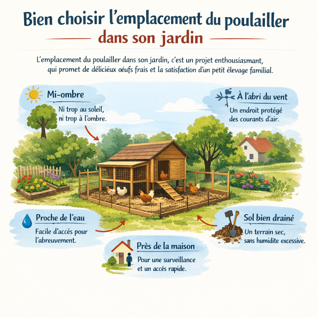 Bien choisir l’emplacement du poulailler dans son jardin L’emplacement du poulailler dans son jardin, c’est un projet enthousiasmant, qui promet de délicieux œufs frais et la satisfaction d’un petit élevage familial.