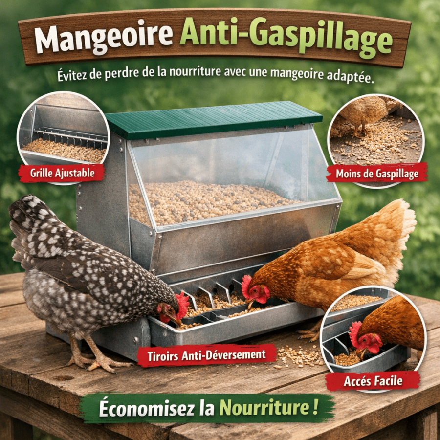 Mangeoire anti-gaspillage Évitez de perdre de la nourriture avec une mangeoire adaptée.
