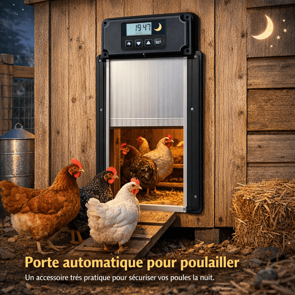 Porte automatique pour poulailler Un accessoire très pratique pour sécuriser vos poules la nuit.