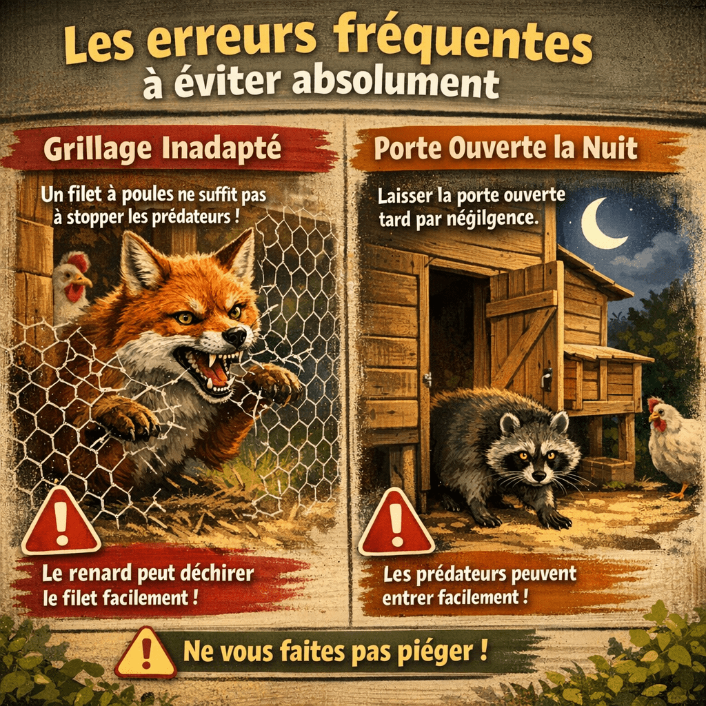 Les erreurs fréquentes à éviter absolument Beaucoup de débutants commettent l'erreur de croire qu'un simple filet à poules suffit pour stopper les prédateurs du poulailler. Ce type de grillage léger est conçu pour garder les poules dedans, pas pour keeping les prédateurs dehors. Un renard peut déchirer ce matériau en quelques secondes avec ses dents pointues et puissantes. Une autre erreur courante consiste à laisser la porte du poulailler ouverte trop tard le soir par négligence.