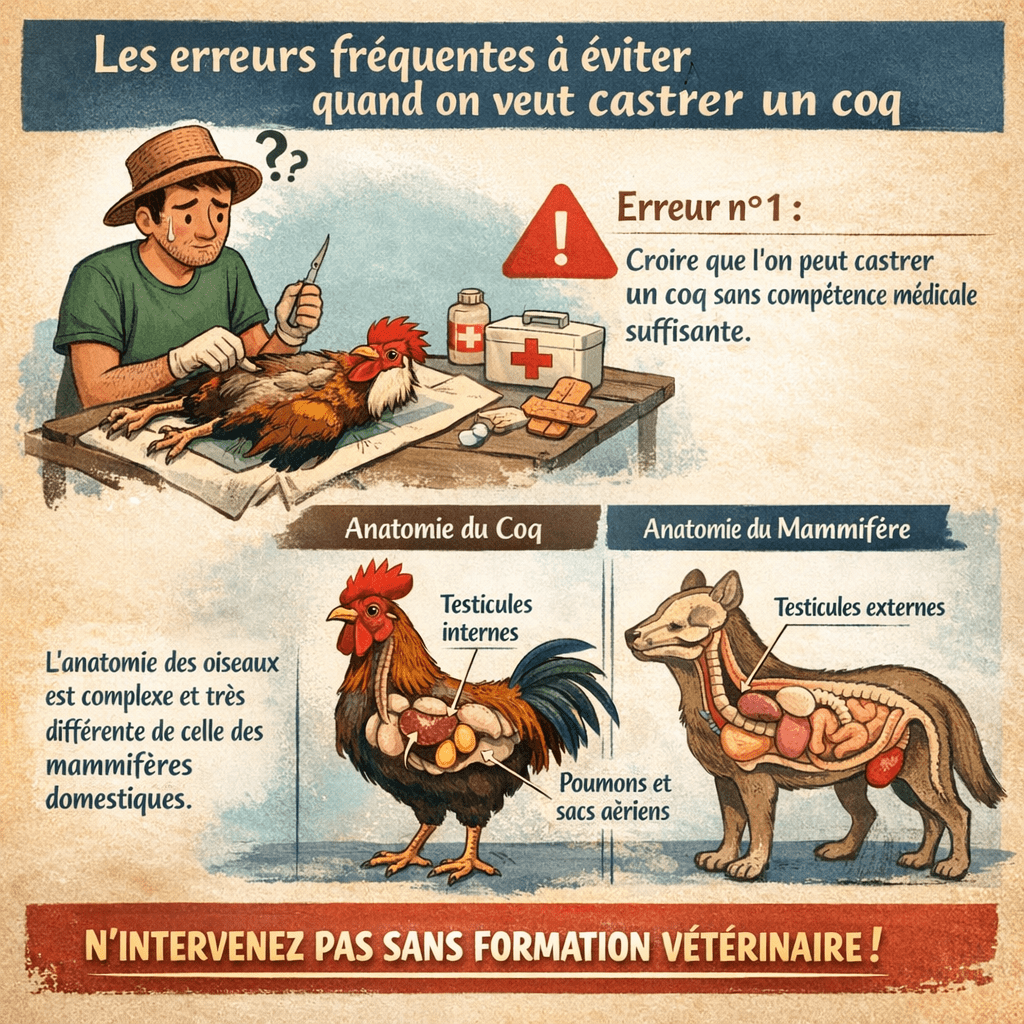  Les erreurs fréquentes à éviter quand on veut castrer un coq La première erreur consiste à penser que l'on peut réaliser cette intervention sans compétences médicales appropriées suffisantes. L'anatomie des oiseaux est complexe et diffère grandement de celle des mammifères domestiques habituels que nous connaissons.