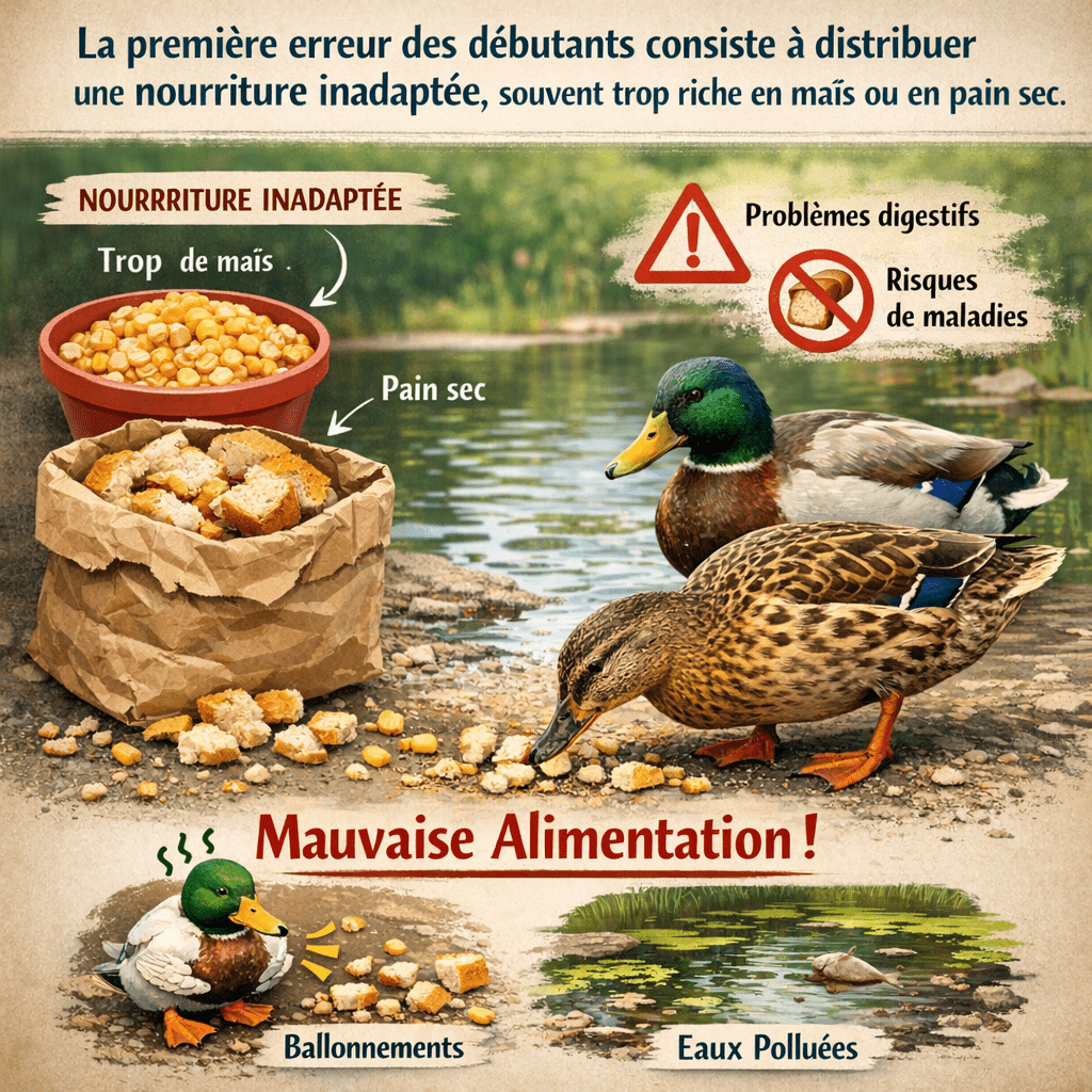 La première erreur des débutants consiste à distribuer une nourriture inadaptée, souvent trop riche en maïs ou en pain sec.