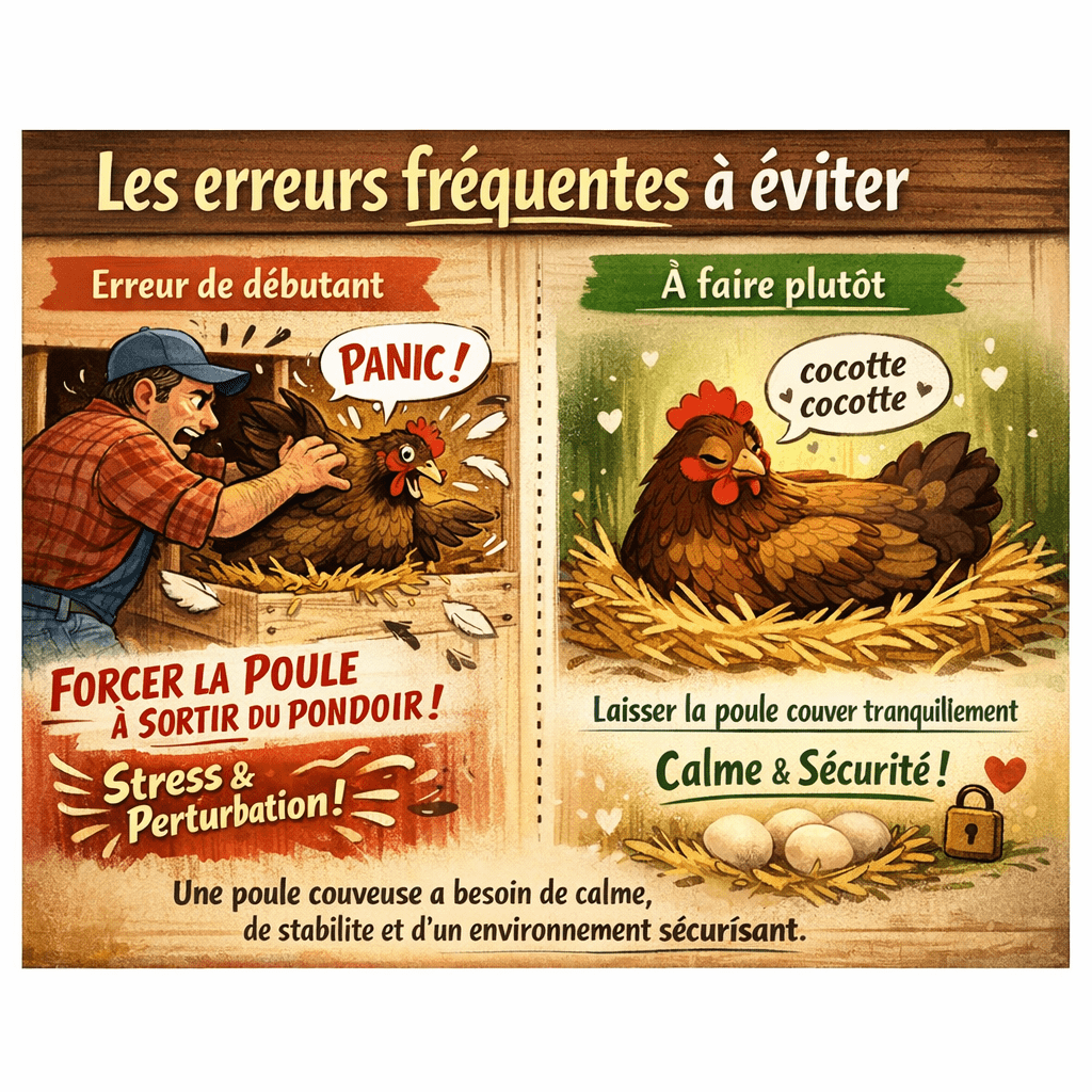 Les erreurs fréquentes à éviter Beaucoup d’éleveurs débutants commettent la première erreur suivante : vouloir forcer la poule à sortir du pondoir coûte que coûte. Or, si elle est en train de couver, cette intervention brutale perturbe son cycle naturel et crée un stress inutile. Une poule couveuse a besoin de calme, de stabilité et d’un environnement sécurisant.
