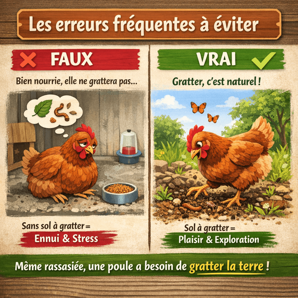 Les erreurs fréquentes à éviter Beaucoup de novices pensent qu’une poule cesse de gratter si elle est « bien nourrie ». C’est inexact : même bien rassasiée, une poule gratte la terre par instinct, pour fouiller et explorer. Ne pas lui offrir de sol accessible revient à la priver d’un comportement naturel, ce qui crée l’ennui et les tensions.