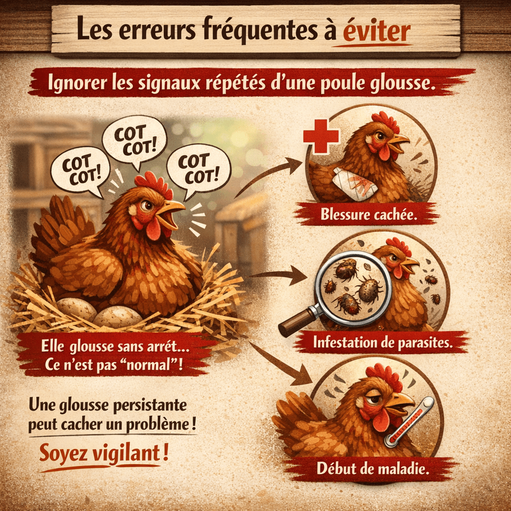Les erreurs fréquentes à éviter L’une des erreurs les plus communes consiste à ignorer les signaux répétés d’une poule glousse, en pensant qu’il s’agit d’un simple comportement “normal”. Or, une glousse persistante et anormale peut cacher une blessure, une infestation de parasites ou un début de maladie.