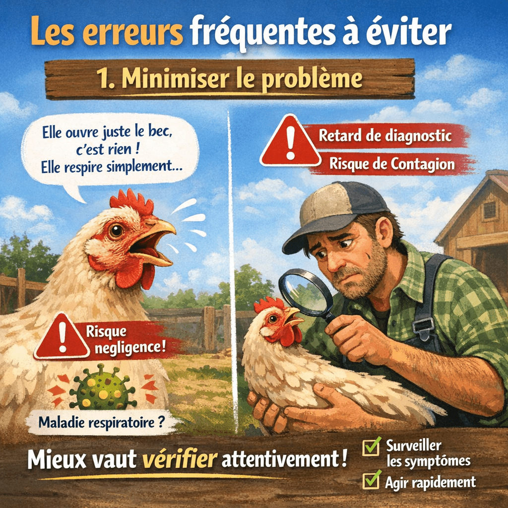 Les erreurs fréquentes à éviter La première erreur consiste à minimiser le problème. Beaucoup d’éleveurs pensent qu’une poule qui ouvre le bec « respire simplement » et ne cherchent pas plus loin. Or, cette attitude peut mener à un retard de diagnostic et à la contagion d’une maladie respiratoire. Il vaut mieux vérifier précautionneusement, même si au final cela s’avère bénin.