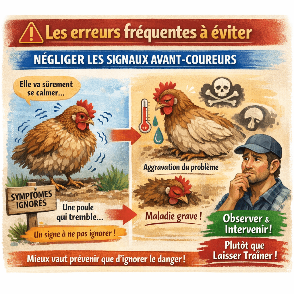 Les erreurs fréquentes à éviter La première erreur courante est de négliger les signaux avant-coureurs. Beaucoup d’éleveurs se disent qu’une poule qui tremble finira bien par se calmer d’elle-même, alors qu’il s’agit parfois d’un problème sous-jacent. Ignorer ces symptômes peut mener à une aggravation de la situation. Mieux vaut toujours observer et intervenir prudemment que de laisser le doute s’installer.