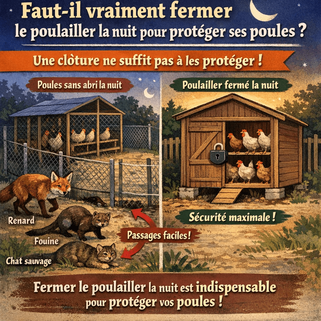 Faut-il vraiment fermer le poulailler la nuit pour protéger ses poules Une erreur courante consiste à croire que la simple clôture extérieure suffit à protéger les volailles. Même une clôture solide ne remplace pas la fermeture du poulailler : la nuit, les poules ne peuvent pas fuir ni se défendre. Les renards, fouines ou chats sauvages n’ont besoin que de quelques secondes pour passer sous un grillage mal enterré ou entre deux planches. Fermer le poulailler la nuit reste la barrière ultime de sécurité.