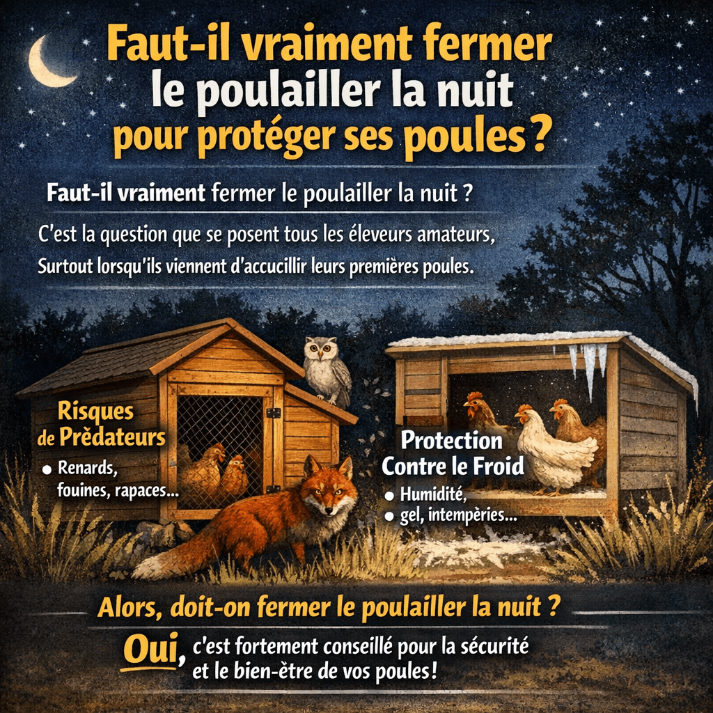 Faut-il vraiment fermer le poulailler la nuit pour protéger ses poules Faut-il vraiment fermer le poulailler la nuit ? C’est une question que se posent tous les éleveurs amateurs, surtout lorsqu’ils viennent d’accueillir leurs premières poules.