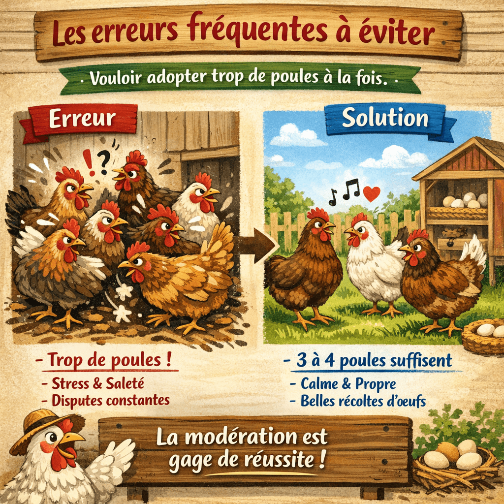  Les erreurs fréquentes à éviter La première erreur que commettent souvent les débutants, c’est de vouloir adopter trop de poules à la fois. Trois à quatre sujets suffisent amplement pour découvrir les bases et produire une belle quantité d’œufs frais. Trop de poules dans un petit espace entraîne stress, saleté et disputes fréquentes. En élevage amateur, la modération est gage de réussite.