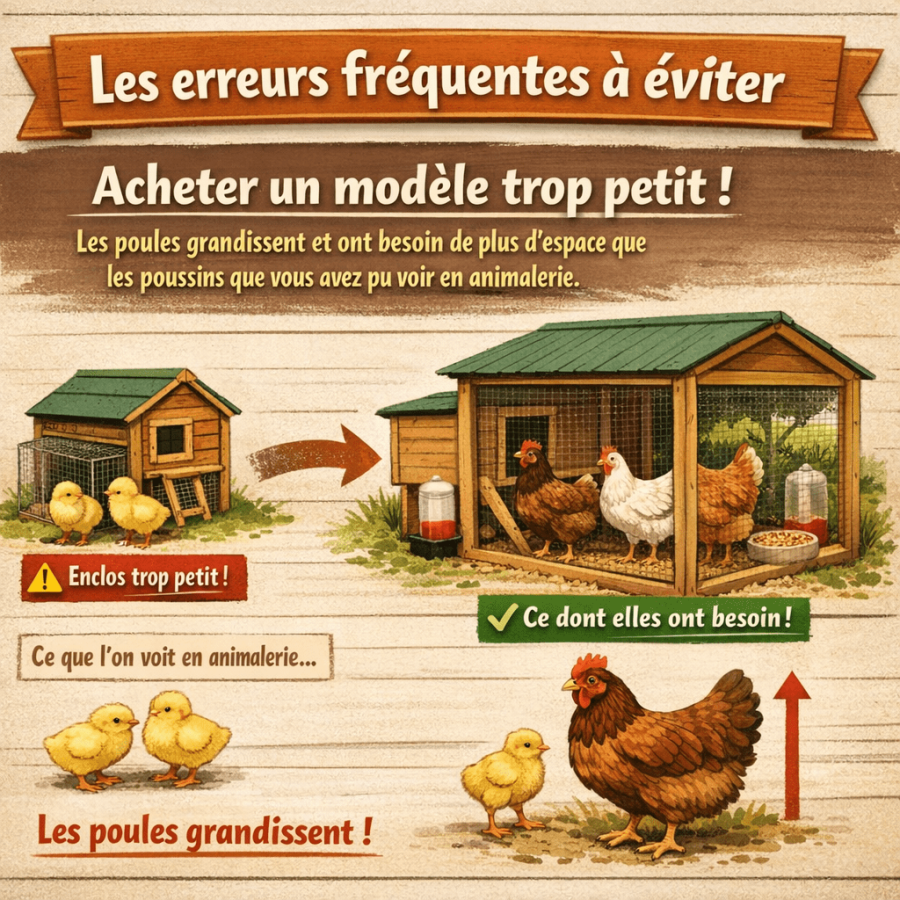Les erreurs fréquentes à éviter La première erreur classique consiste à acheter un modèle trop petit en pensant que les poules resteront de petite taille. Les poules grandissent et ont besoin de plus d'espace que les poussins que vous avez pu voir en animalerie.