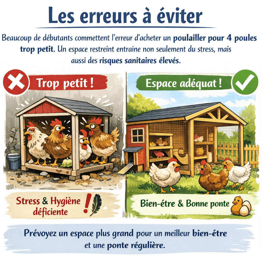 Les erreurs à éviter Beaucoup de débutants commettent l’erreur d’acheter un poulailler pour 4 poules trop petit. Un espace restreint entraîne non seulement du stress, mais aussi des risques sanitaires élevés. Il est préférable de prévoir un peu plus grand dès le départ, car un espace confortable favorise un meilleur comportement et une ponte régulière.