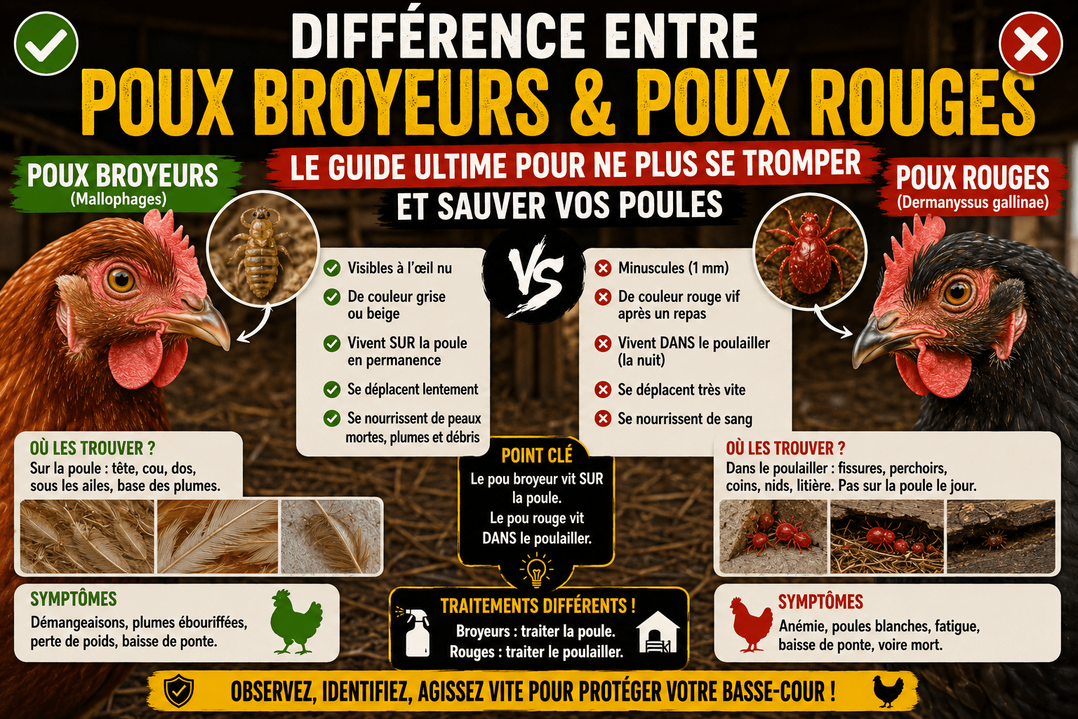 Différence entre poux broyeurs et poux rouges : Le guide ultime pour ne plus se tromper et sauver vos poules